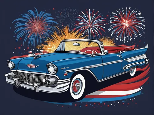 Design a retro 4th of July t-shirt with a classic convertible car and fireworks,american car,fireworks background,american classic cars,fourth of july,july 4th,4th of july,us car,american sportscar,am