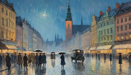 man with umbrella,warsaw,wroclaw,krakow,poznan,light rain,walking in the rain,gdańsk,umbrellas,riga,leipzig,munich,night scene,blue rain,stockholm,saintpetersburg,rainstorm,umbrella,lev lagorio,prague,Conceptual Art,Oil color,Oil Color 10