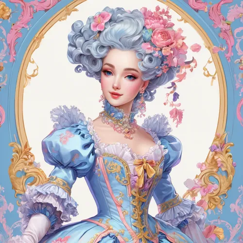 rococo,cinderella,victorian lady,fairy tale character,rosa ' amber cover,fantasy portrait,eglantine,suit of the snow maiden,the carnival of venice,baroque,bodice,jasmine blue,crinoline,porcelain rose,princess sofia,victorian style,fairytale characters,game illustration,baroque angel,book cover,Conceptual Art,Fantasy,Fantasy 24