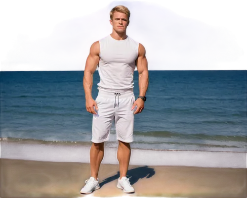 White, muscular man, athletic build, strong jawline, short blonde hair, blue eyes, slight stubble, sleeveless shirt, sweatpants, sneakers, standing, flexing muscles, confident pose, natural lighting, 