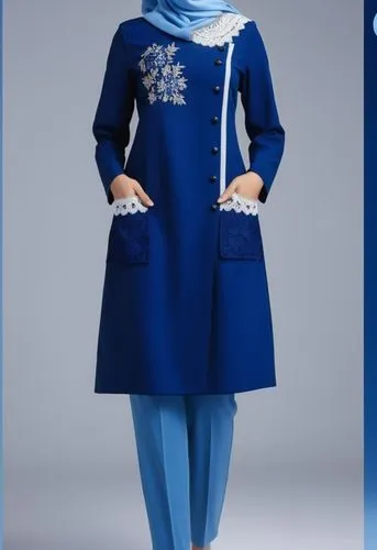 3d drawing with the same photo with dark blue for Muslim hejab.digital drawing with slit pockets with light blue lace pockets ,a woman wearing blue and white clothing and scarf,kurung,kurti,abaya,suit