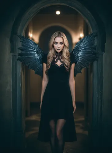 Beautiful pale woman vampire in a short daring dark dress standing in a moonlit corridor,  night, moon light through the window, spread vampire wings,,dark angel,black angel,winged,angelology,winged h