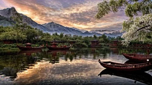 boat landscape,canoes,fantasy landscape,fantasy picture,canoe,canoeing,landscape background,rowboats,guilin,korean folk village,world digital painting,evening lake,mountain lake,wooden boats,alpine lake,pedalos,beautiful lake,lily pond,dragon boat,heaven lake