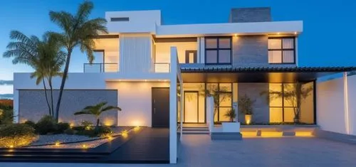 FACHADA MODERNA CON EN COLORES BLANCOS GRISES Y NEGROS CON ILUMINACION CALIDAD Y BLANCA, ESCENA NOCTURNA,the modern house with white furniture and lights is lit up at night,modern house,fresnaye,luxur