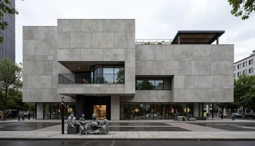 Geometric museum facade, brutalist architecture, raw concrete texture, angular lines, minimalist design, industrial chic aesthetic, large glass windows, metal beams, cantilevered rooflines, asymmetric