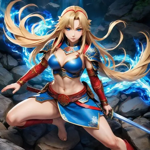 elza,nami,yang,monsoon banner,water-the sword lily,female warrior,goddess of justice,kayano,dragon li,fire background,charlotte,ashitaba,venera,meteora,cg artwork,show off aurora,stone background,erika,eufiliya,fantasy woman,Illustration,Japanese style,Japanese Style 03