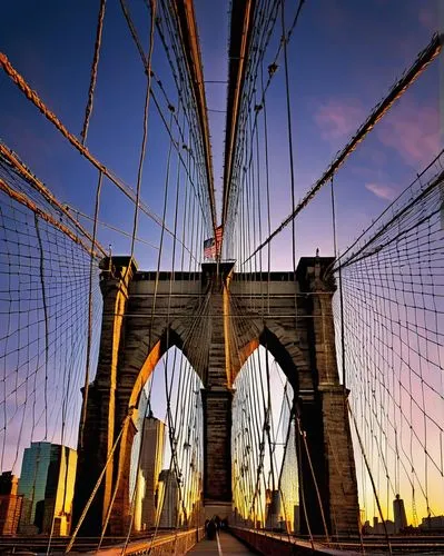 Brooklyn Bridge, historic landmark, iconic NYC architecture, steel suspension cables, Gothic-style towers, granite and limestone construction, majestic arches, pedestrian walkway, dramatic cityscape, 