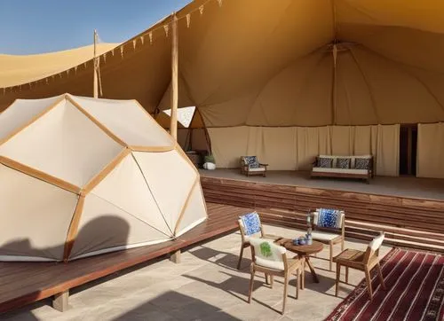 a 3d shot for desert dome camp in  saudi arabia desert shot for outdoor dome  with natural material furniture dark brown wood and natural material  and white tent dome, handmade carpets,an inside view