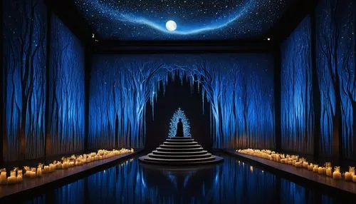 blue room,hall of the fallen,illumination,luminarias,stage design,sanctum,black candle,nacht,luminol,odditorium,candlelights,ufo interior,blue cave,lair,forest chapel,indigo,wedding hall,tunheim,varekai,tentorium,Illustration,Abstract Fantasy,Abstract Fantasy 19