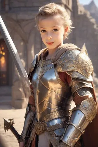 female warrior,dwarf sundheim,joan of arc,paladin,knight armor,cullen skink,dwarf,massively multiplayer online role-playing game,male elf,eufiliya,swordswoman,child model,piper,fantasy warrior,children of war,child portrait,centurion,castleguard,a child,elaeis,Photography,Realistic