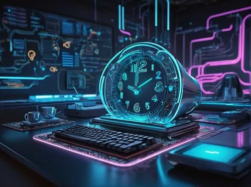 Computer chip, pipelining architecture, futuristic laboratory, bright neon lights, sleek metal tables, wires and circuits, CPU components, motherboards, intricate details, metallic textures, shiny sur