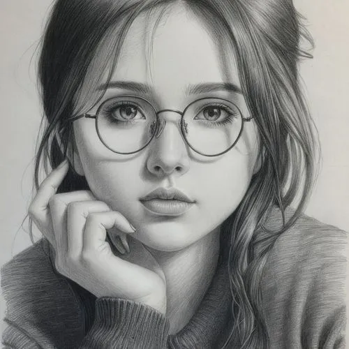 女孩，眼镜，黑色长发，黑色毛衣,a drawing of a girl with glasses,girl drawing,girl portrait,pencil drawing,pencil drawings,pencil art,nabiullina,Illustration,Black and White,Black and White 30