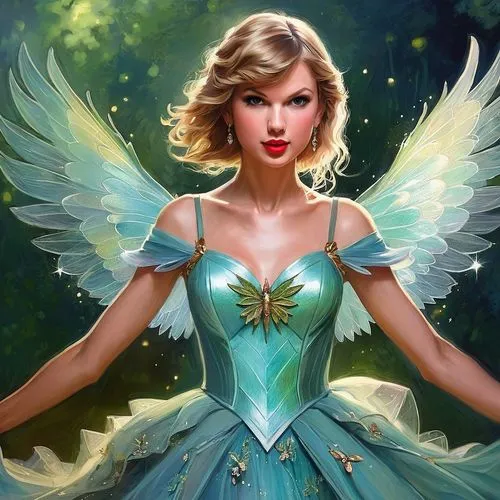 Taylor Swift as a fairy,an attractive woman with green wings standing in front of some trees,fairy queen,swiftlet,tinkerbell,anjo,faerie,fairy,Conceptual Art,Fantasy,Fantasy 15