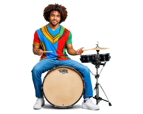 African drummer, solo, dynamic pose, afro hair, colorful dashiki, jeans, sneakers, drumsticks in hand, shiny drum set, metallic finish, wood grain texture, stage lights, 3/4 composition, shallow depth