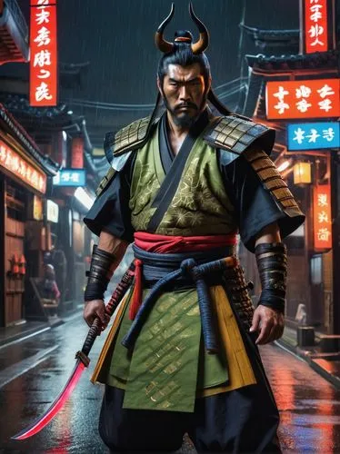 Muscular man, Ganondorf, samurai armor, horned helmet, intimidating gaze, sharp facial features, bold eyebrows, black hair tied back, thick beard, scar above left eyebrow, worn gloves, katana sheath o