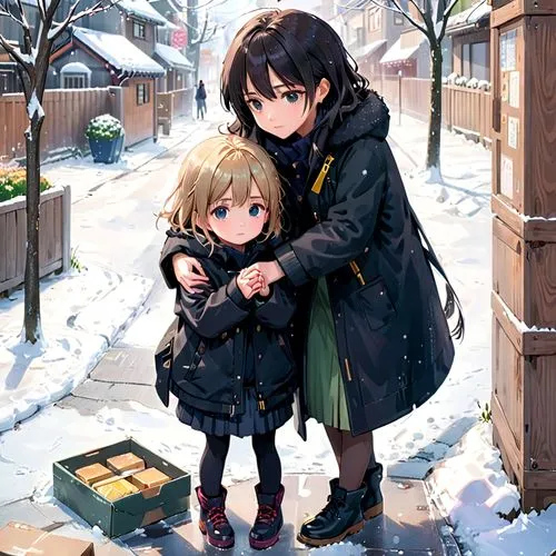 in the snow,in the winter,first snow,winter clothes,little boy and girl,tomoharu,Anime,Anime,Realistic