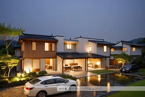 SET OF MODERN HOUSES WITH GRAY ROOF, BEIGE AND GRAY WALLS, MAINTAIN VOLUMES AND SHAPES OF THE IURNA VIEW IMAGE WITH A LOT OF QUALITY AND SHARPNESS,a luxury asian residence at dusk,danyang eight scenic