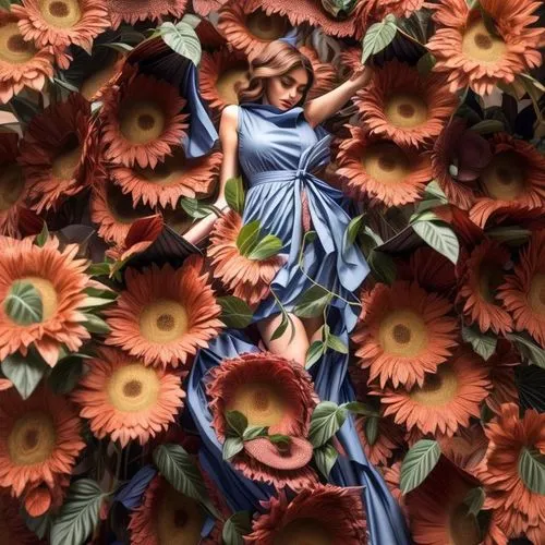 girl in flowers,african daisies,girl in a wreath,gerbera daisies,gerbera,fabric flowers,blue chrysanthemum,flower wall en,fabric flower,garden sculpture,wreath of flowers,blue daisies,sunflower paper,flora,flower fairy,terracotta,flower art,bach flowers,paper art,european michaelmas daisy