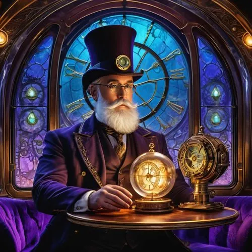 clockmaker,watchmaker,magician,fortune teller,steampunk,crystal ball-photography,crystal ball,ringmaster,time traveler,grandfather clock,orrery,ball fortune tellers,reading magnifying glass,play escape game live and win,purple rizantém,steampunk gears,clockwork,the wizard,conductor,purple and gold,Conceptual Art,Fantasy,Fantasy 25