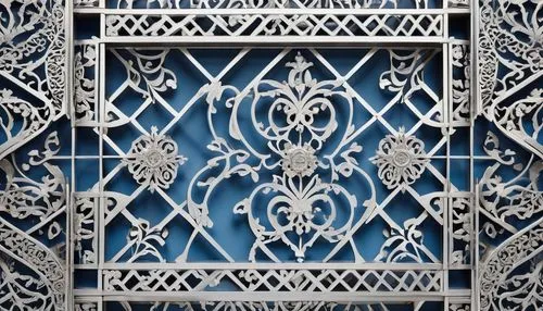 fretwork,wrought iron,motifs of blue stars,iron door,scrollwork,ironwork,ornamentation,art nouveau frame,patterned wood decoration,ornamental dividers,decorative frame,openwork frame,iron gate,grillwork,steel door,metallic door,azulejos,lattice window,metal gate,ornamented,Unique,Design,Knolling