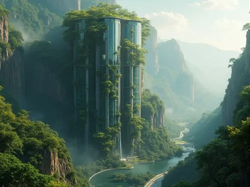 Surreal landscape, futuristic skyscraper, blending seamlessly into mountainous terrain, lush greenery overgrowing steel beams, vines crawling up glass facades, trees sprouting from rooftops, waterfall