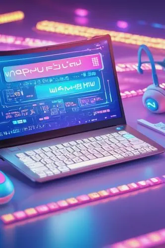 Website, digital screen, free AI image generator, modern laptop, sleek design, silver keyboard, glowing blue logo, minimalist background, subtle gradient, futuristic vibe, neon lights reflecting off t