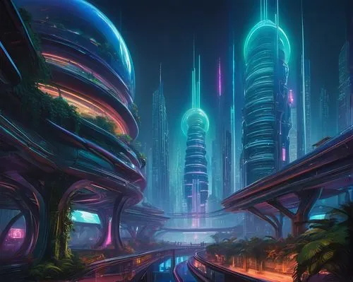 Futuristic, neon-lit skyscraper, curvaceous metallic structure, gleaming chrome accents, holographic advertisements, towering pillars, elevated walkways, transparent glass floors, levitating transport