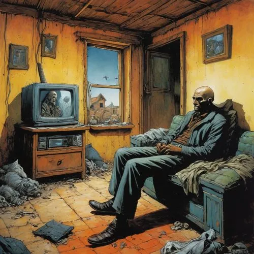 Muerto viviente mirando la televisión en una casa cochambrosa
,blacksad,corben,brubaker,rossmo,giraud,kirkman,dargaud,kubert,bendis,watchmen,moebius,skotnikov,terrigen,abnett,waiting room,palmiotti,mc