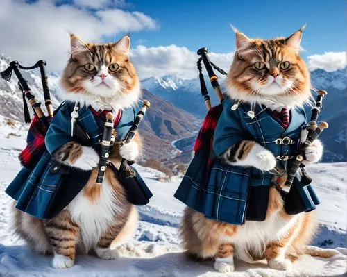 two Persian cats dressed as Scots playing bagpipes,two cats standing in the snow wearing scottish attire,bagpipes,cat warrior,bagpiper,oktoberfest cats,kilts,bagpipers,Photography,General,Natural