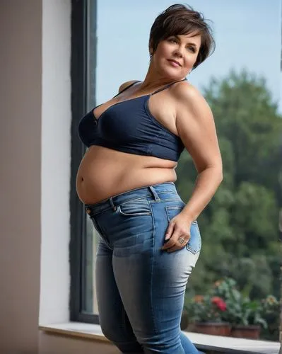 Mollige 50-jährige kurvige Frau in (hautengem Leibchen betont, hautenge zerrissene Jeans zeigen erstaunlich glatten Bauch und kurvigen Po: 1.0), Profilansicht Ganzkörperporträt,plus-size model,gordita