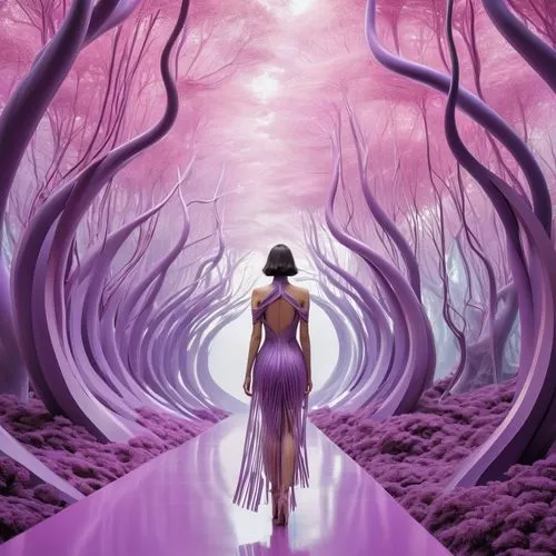 purple landscape,the mystical path,dreamfall,pathway,fantasy picture,la violetta,the path,hollow way,gaea,world digital painting,passage,journeyed,otherworld,sci fiction illustration,purple wallpaper,purple blue ground,forest of dreams,lacus,woman walking,journeying,Conceptual Art,Sci-Fi,Sci-Fi 24