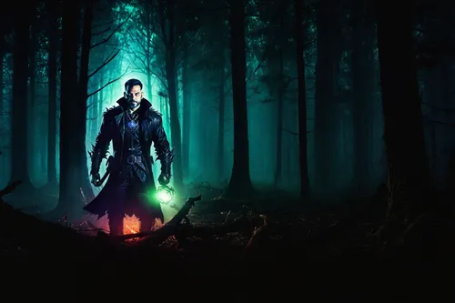 a witch hunter in a sinister and evil forest, with dark lights and shine hunting an infernal beast,lightsaber,jedi,loki,cleanup,aaa,cg artwork,patrol,the enchantress,lokdepot,star-lord peter jason qui