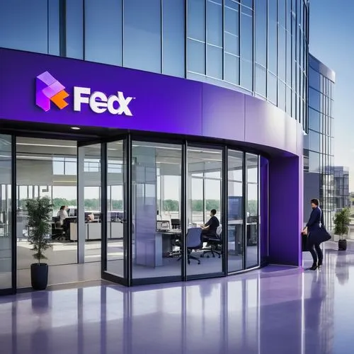 FedEx brand architecture, modern corporate building, sleek glass facade, silver metal frames, bold purple accents, vibrant logo signage, large entrance doors, revolving door, polished marble floors, m