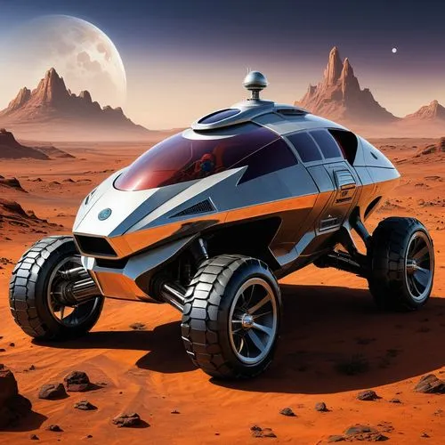 A futuristic vehicle with an exploration mission to the planet Mars for the year 2300.,an unusual futuristic car in desert scene with mountains in background,mars rover,turover,moon rover,moon vehicle