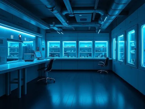 Prussian blue dominant, futuristic laboratory interior, sleek metal countertops, minimalist equipment, modernist chair, blue-lit glass cabinets, subtle neon accents, dark hardwood floors, industrial-s