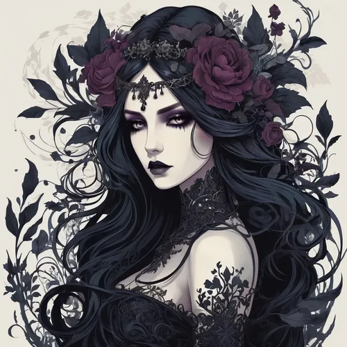 widow flower,elven flower,black rose,goth woman,gothic woman,black rose hip,victorian lady,wilted,crow queen,flora,the enchantress,moonflower,fallen petals,elderberry,deadly nightshade,bellflowers,gothic portrait,widow,fantasy portrait,rusalka,Illustration,Realistic Fantasy,Realistic Fantasy 46