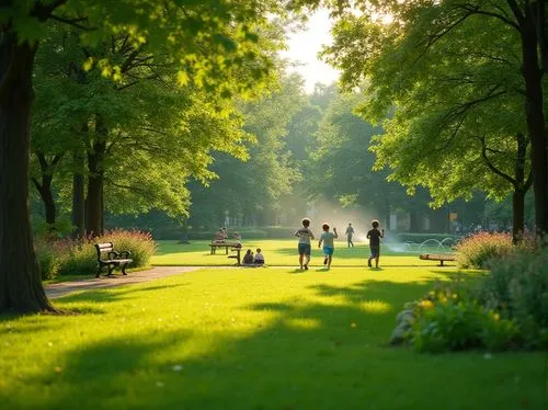 Green park, vibrant grass, lush trees, flowers blooming in shades of green, walking path, wooden benches, natural stone pavement, serene atmosphere, warm sunlight filtering through leaves, dappled sha