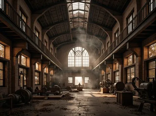 Abandoned warehouse, rustic brick walls, worn wooden beams, industrial metal trusses, grandiose Gothic arches, stained glass windows, mysterious dim lighting, eerie foggy atmosphere, old machinery rem