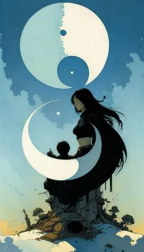 yinyang,yin-yang,yin yang,yin and yang,shirakami-sanchi,equilibrium,taijitu,mulan,equilibrist,japanese art,chinese art,girl with speech bubble,japanese waves,crescent moon,sōjutsu,junshan yinzhen,spir