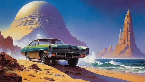 futuristic landscape,pontiac ventura,plymouth voyager,station wagon-station wagon,moon car,pontiac tempest,futuristic car,flying saucer,starship,thunderbird,buick electra,retro vehicle,ford galaxy,jeep wagoneer,ford maverick,mercury mariner,caravan,citroën acadiane,science-fiction,science fiction,Conceptual Art,Sci-Fi,Sci-Fi 19