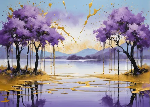 jacaranda,purple landscape,jacaranda trees,landscape background,golden lilac,dove lake,fantasy landscape,lilac tree,acid lake,lavendar,evening lake,purple and gold,river landscape,world digital painting,flower painting,heaven lake,wisteria,spring lake,nature landscape,la violetta,Conceptual Art,Graffiti Art,Graffiti Art 08