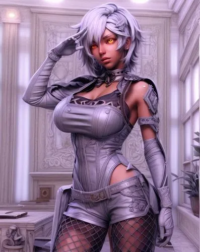 tiber riven,gunmetal,silver,silver fox,dark elf,blanche,femme fatale,silvery,eris,gray kitty,grey fox,silver rain,kotobukiya,see-through clothing,maid,winterblueher,eve,fran,pewter,gray color