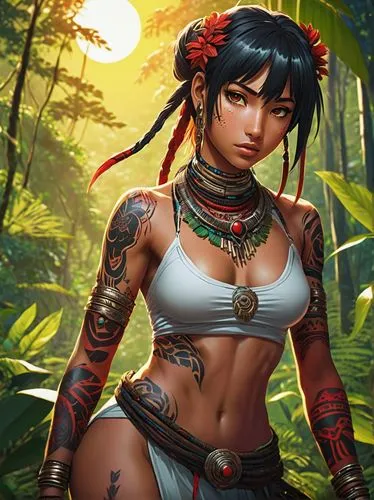 the scorching sun beats down on the serene scene and adorns the face of a beautiful girl with a radiant body covered in tribal war tattoos. she is from a pristine white indigenous Amazonian tribe and 