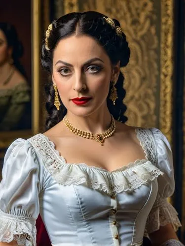 A high resolution photo Portrait of Lola Montez,woman in white dress and tiara wearing golden earrings,gitana,lucrezia,noblewoman,oreiro,musetta,knightley,Photography,General,Realistic