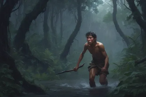 tarzan,lara,the wanderer,mowgli,cave man,world digital painting,digital painting,forest man,prehistory,wander,farmer in the woods,croft,swamp,jungle,wanderer,caveman,game illustration,the law of the jungle,the path,adventurer,Conceptual Art,Fantasy,Fantasy 01