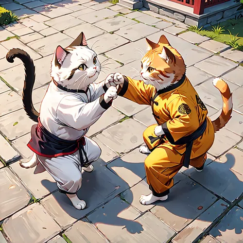 Two cats in Kung Fu position facing each other.,martial arts,martial arts uniform,jujitsu,battōjutsu,aikido,taekwondo,karate,japanese martial arts,shaolin kung fu,sambo (martial art),fighting poses,ha