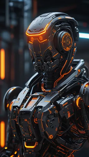 Cyberpunk Black Assault robot, Orange lights，science fiction style ,A highly detailed,  digital, circuit board, energy lines and nodes, advanced, high-tech, cyberpunk,  unreal engine 5, keyshot, octan