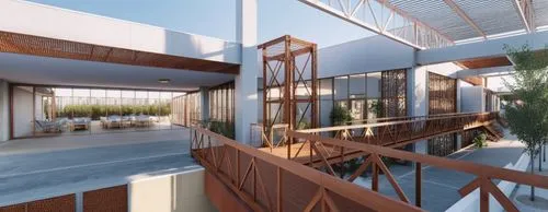 CALLE PEATONAL, PUENTES DE ACERO, PÉRGOLA CRIBADO, PUENTES PEATONALES, ACERO CORTEN,an artist's impression of a building inside a courtyard,3d rendering,revit,penthouses,sketchup,residencial,habitacio