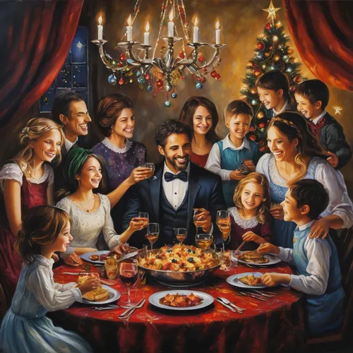 Describe a cheerful family gathering during a festive celebration.,the occasion of christmas,christmas circle,modern christmas card,christmas family,hannukah,children's christmas,hanukah,scandivian ch