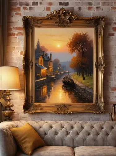 wall decoration,wall decor,oil painting on canvas,art painting,wall art,cognac,home landscape,fantasy landscape,dutch landscape,river landscape,meticulous painting,copper frame,decorative art,decorative frame,italian painter,interior decor,beautiful frame,autumn landscape,fine art,bruges,Art,Classical Oil Painting,Classical Oil Painting 32